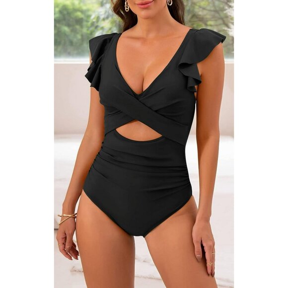 Women’s One Piece Swimsuit – Ruffle Cutout, Tummy Control, V-Neck Wrap | Black - Picture 3 of 6